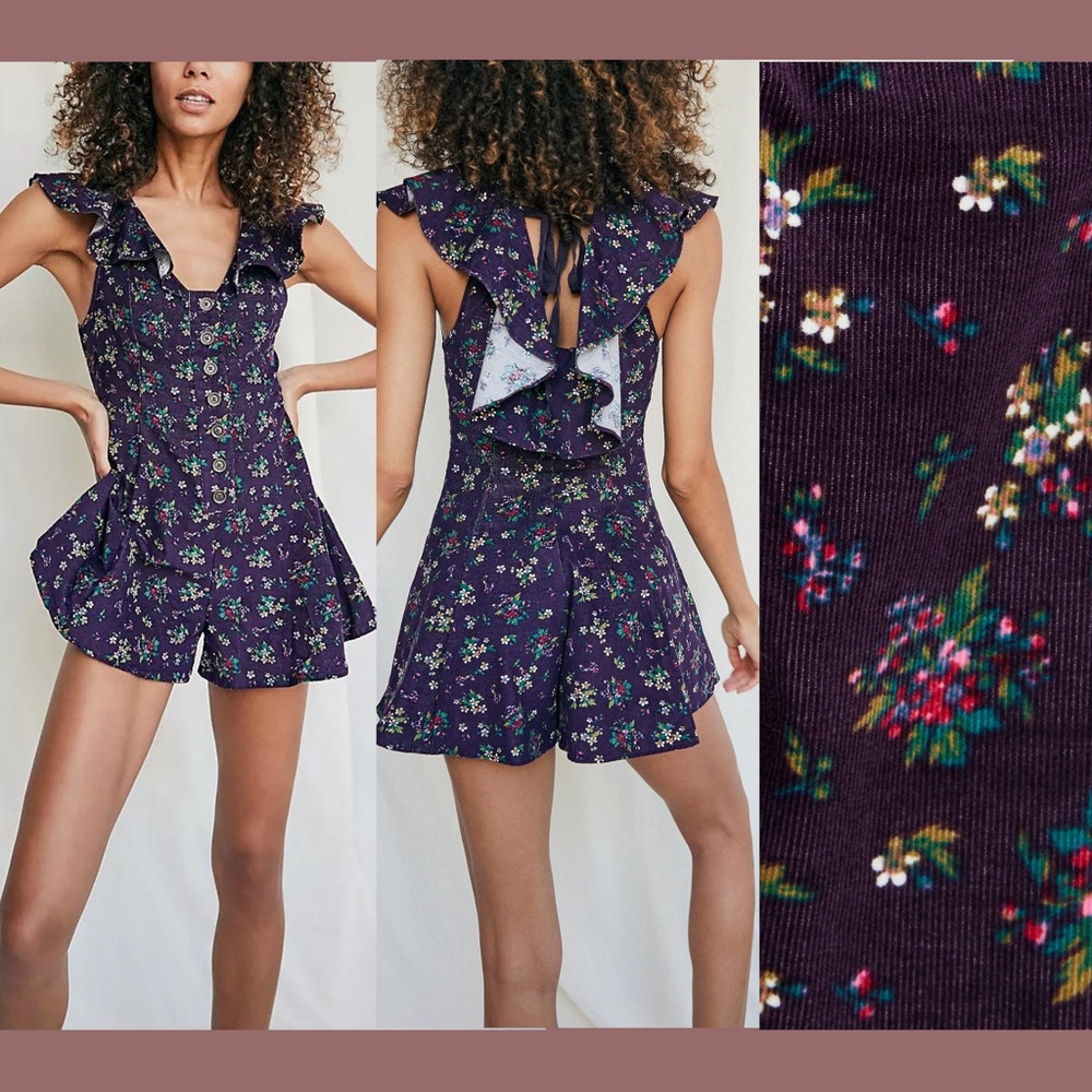 NEW $168 FREE PEOPLE [‎ XS ] Violet Visions Floral Ruffle Corduroy Romper